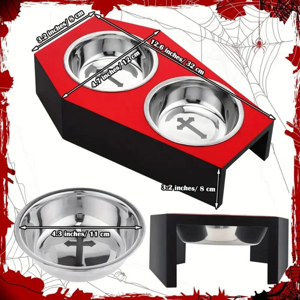{NEW} Gothic Cat Food Bowls 5° Raised Elevated Wooden Coffin Cat Bowl